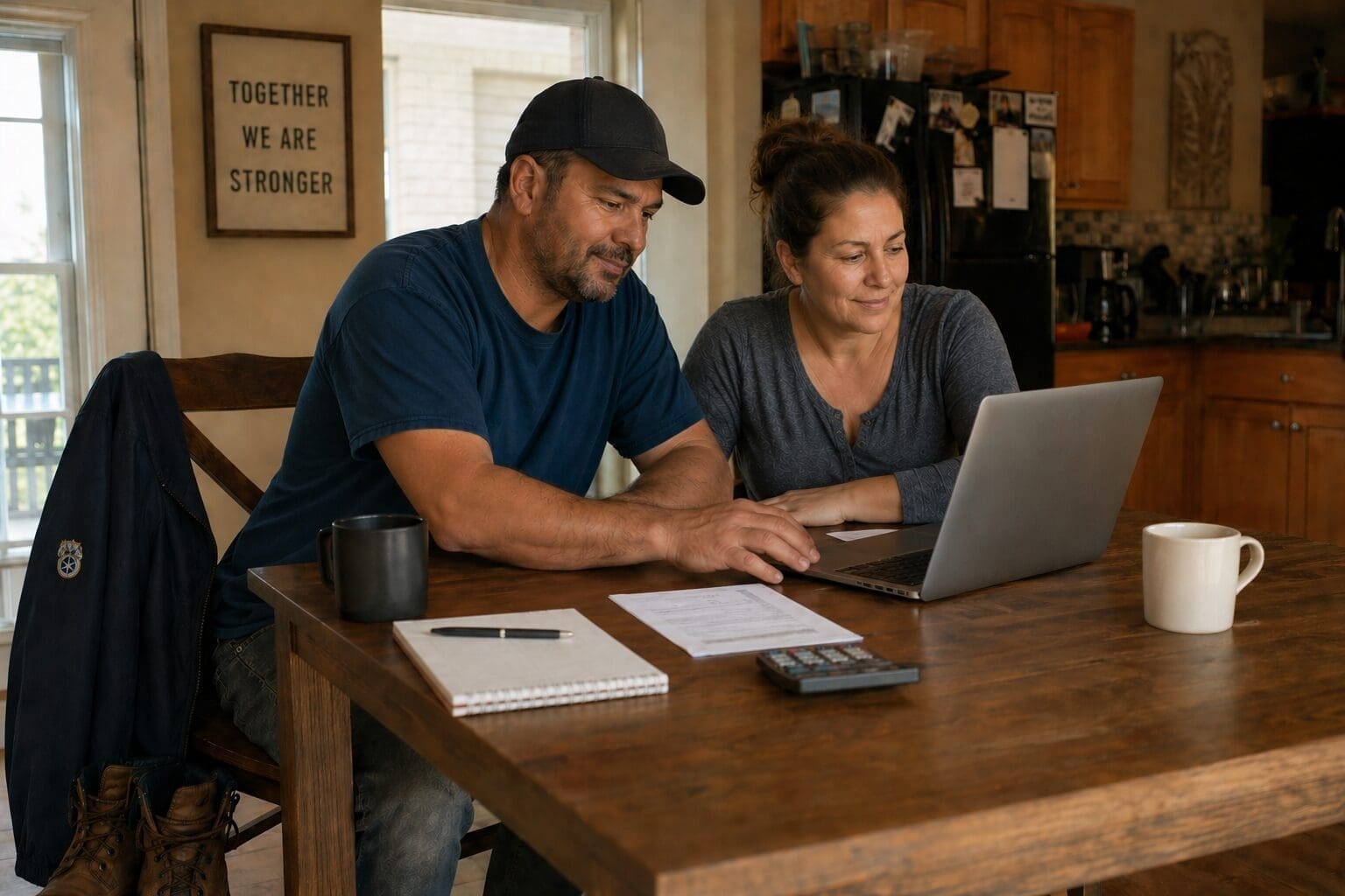 Couple at the kitchen table going over finances and feeling relieved that they got this